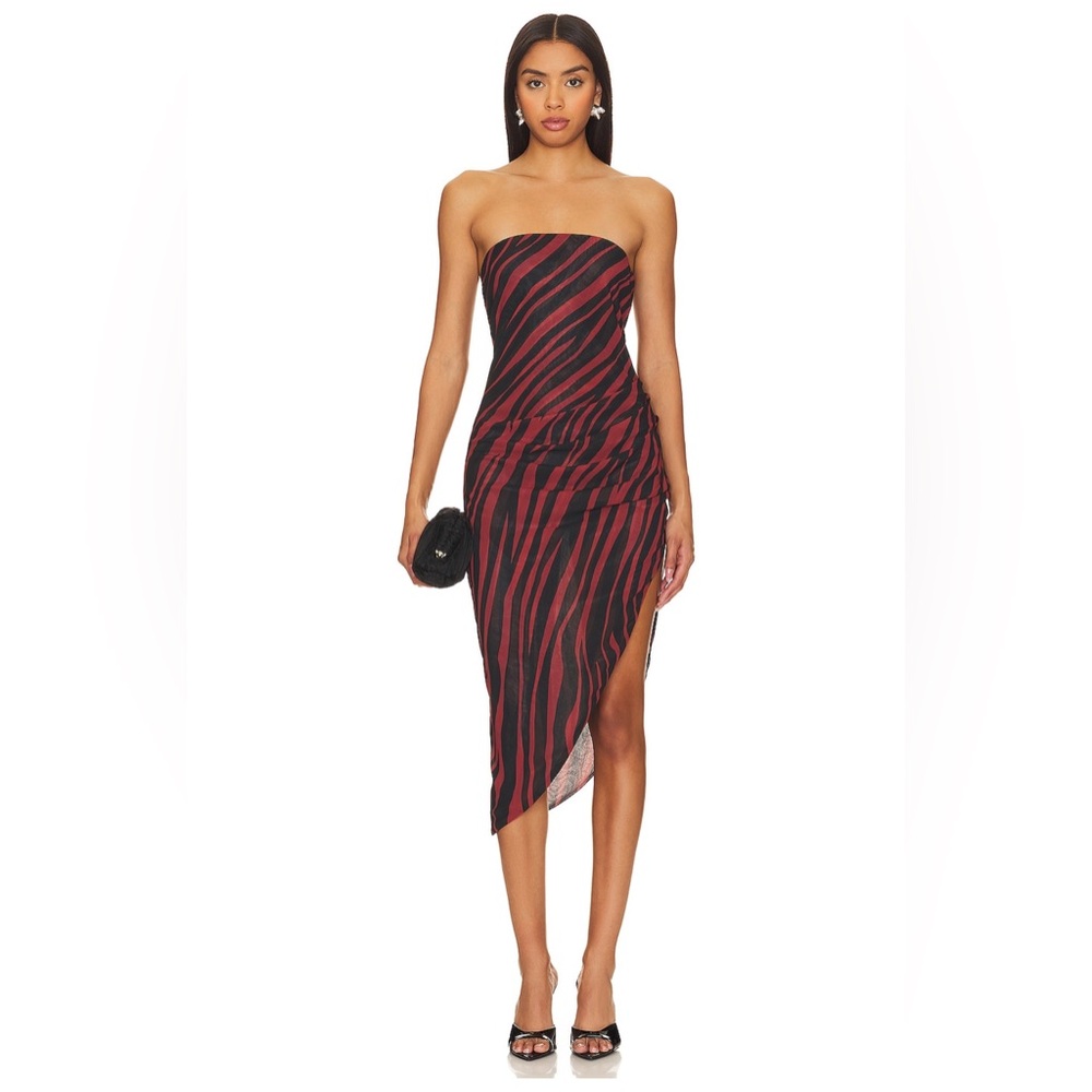 Strapless Red and Black Zebra-Stripe Midi Dress